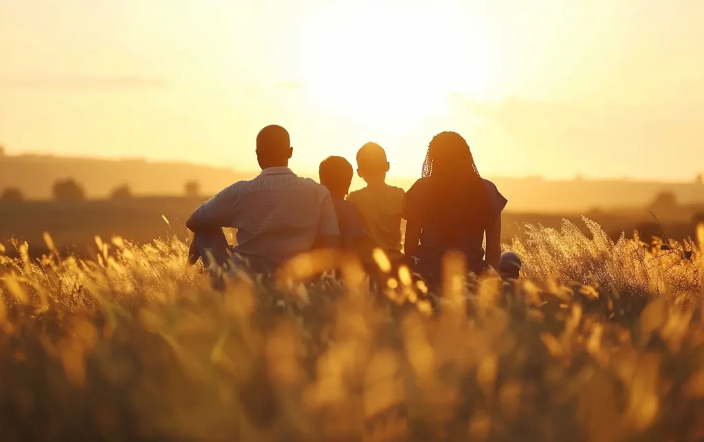a family sitting in a field watching the sunset