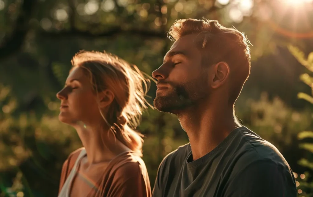 a man and woman practicing breathing techniques