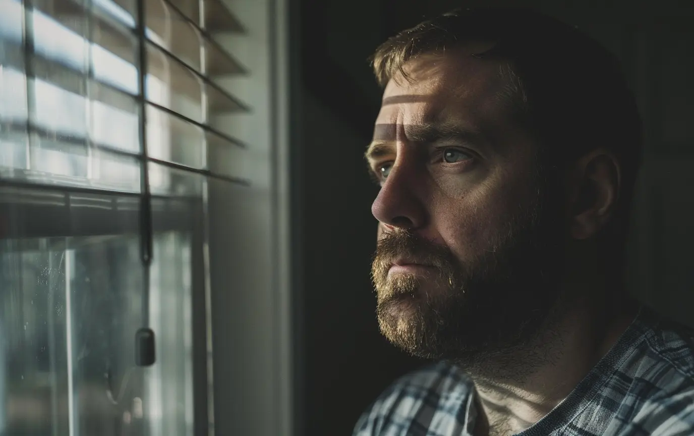 a man in his 30s looking out his window depressed