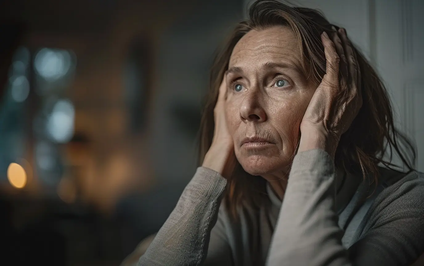 a middle aged woman holding her head