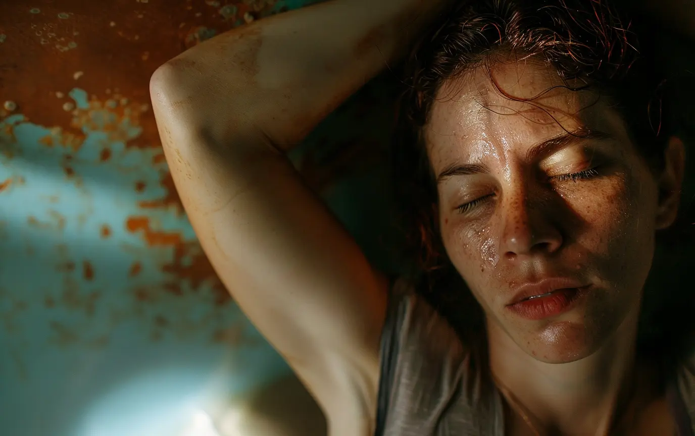 a woman sweating with fever