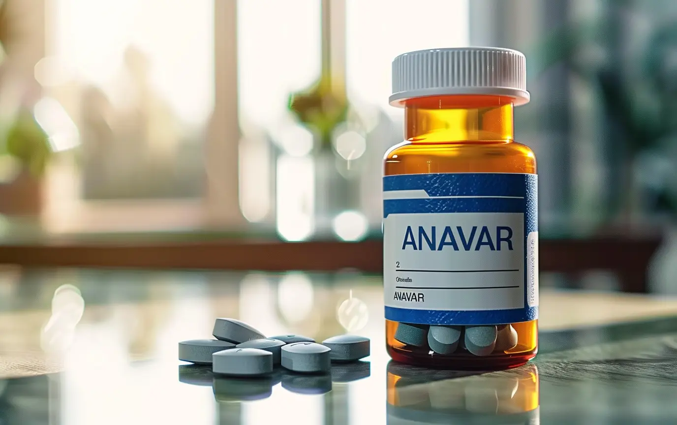 close up of a bottle of anavar pills in a bottle on a table