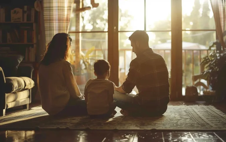 family of three sitting on the floor having a discussion