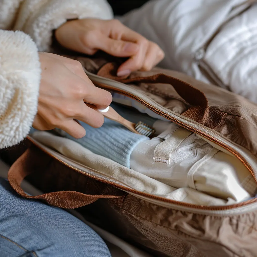 hands packing a toothbrush into a duffle bag