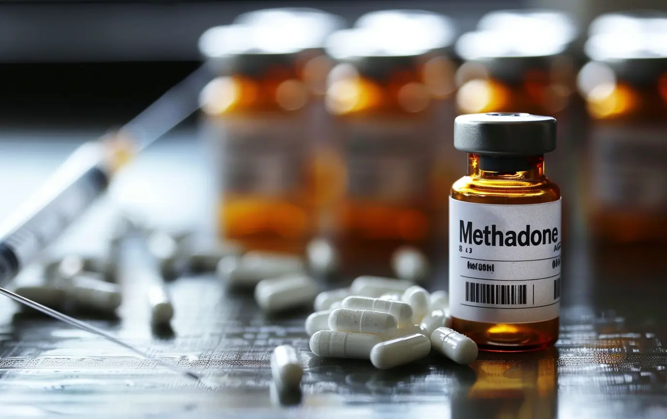 injectable bottle of methadone and pills