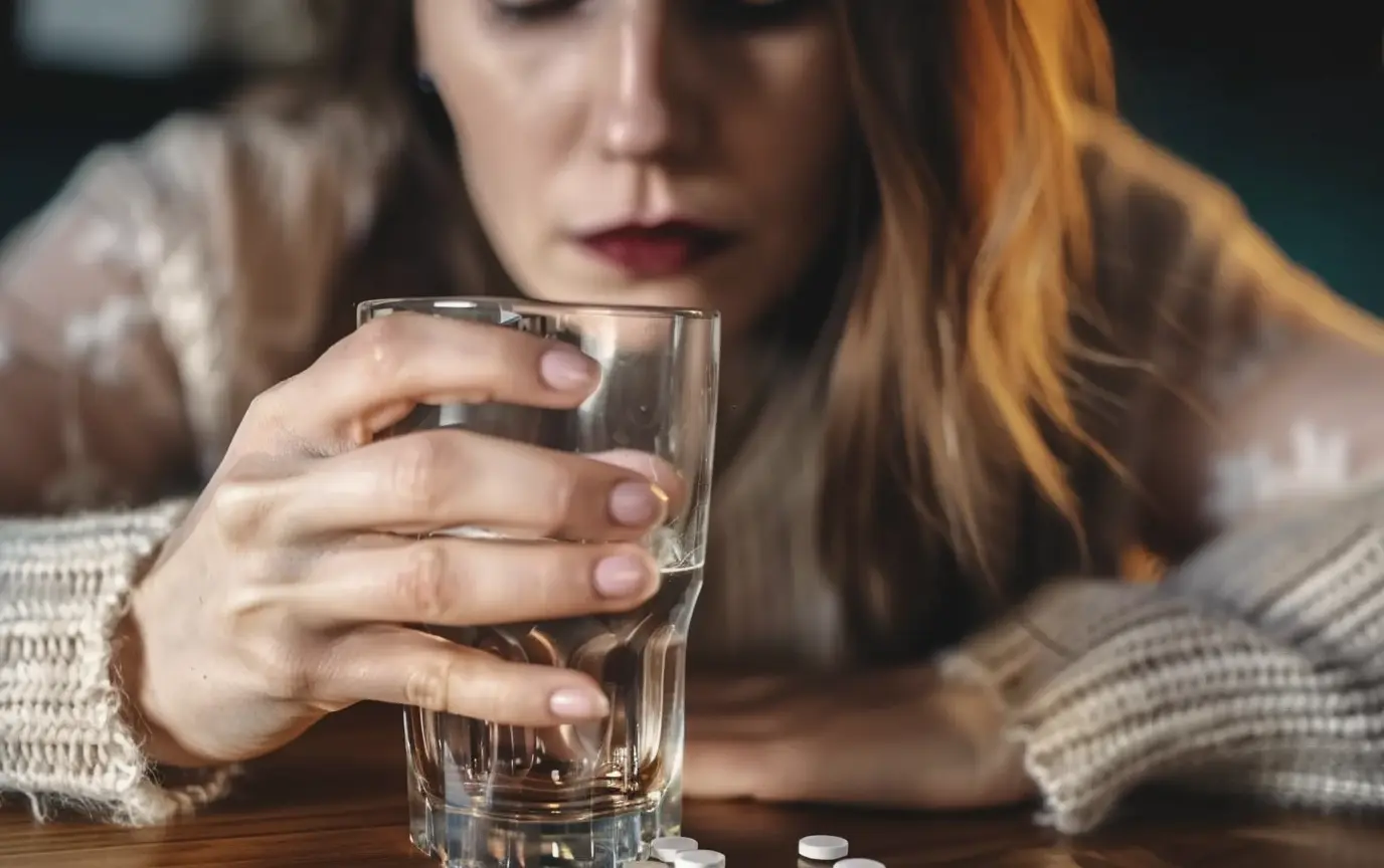 woman drinking and taking pills