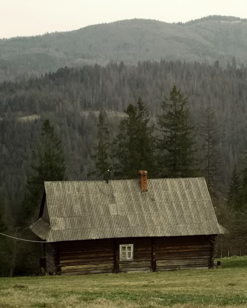 Rustic wooden cabin on hills on the background of mountains and woods